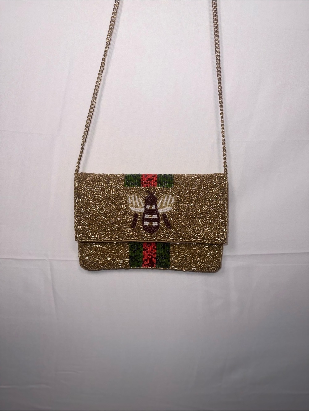 Boutique Women Beaded Gold/Red/Green Bee Design Cross Body Purse NWOT - Picture 13 of 15